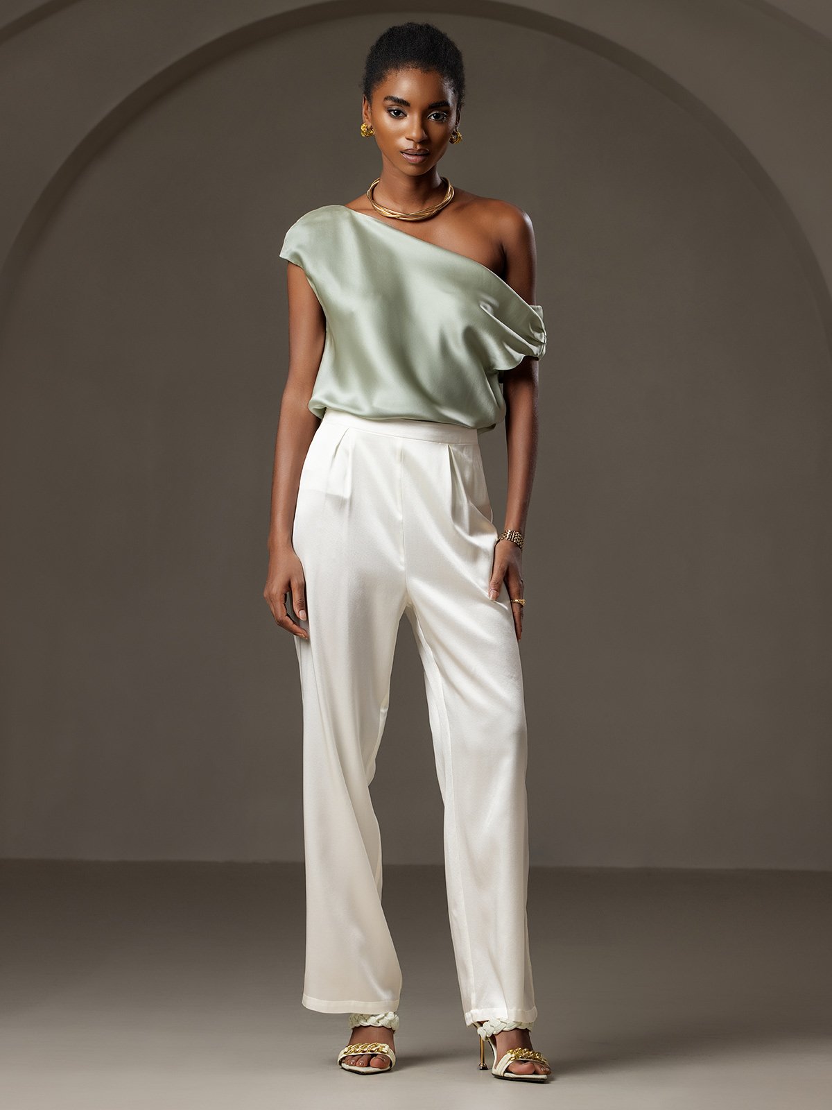 [Light Green] SilkSilky 19Momme Silk Sleeveless One Shoulder Women's T-Shirt 008