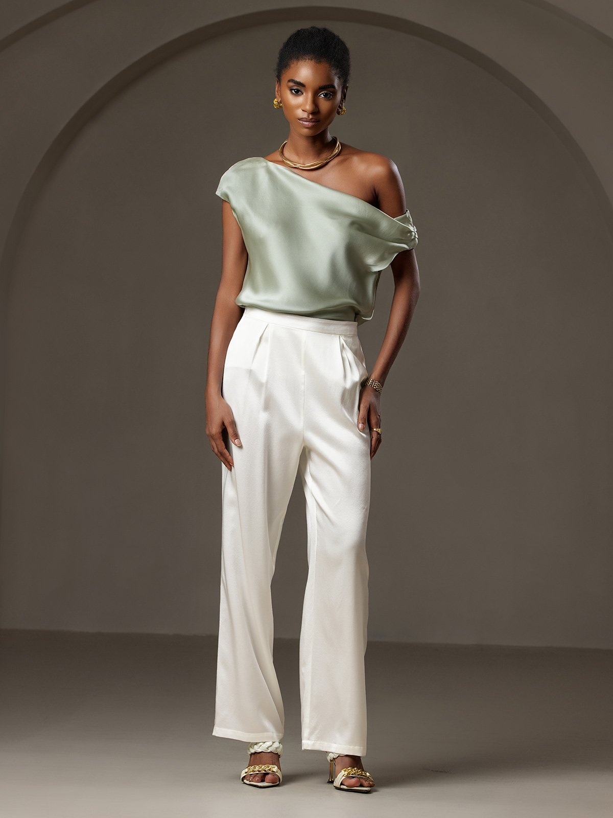 [Light Green] SilkSilky 19Momme Silk Sleeveless One Shoulder Women's T-Shirt 009