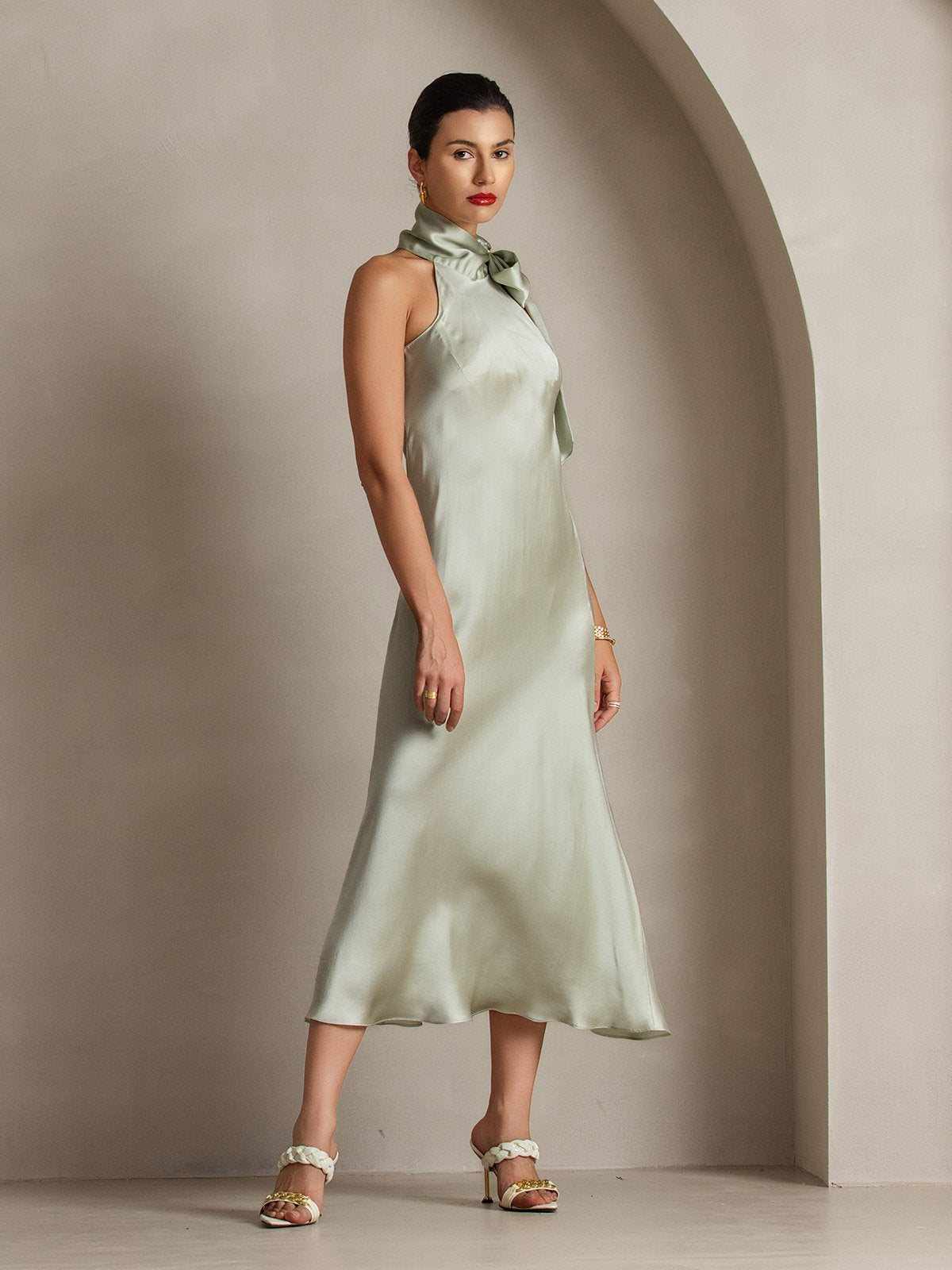 [Light Green] SilkSilky 19Momme Silk Sleeveless Tie Neck Dress 003