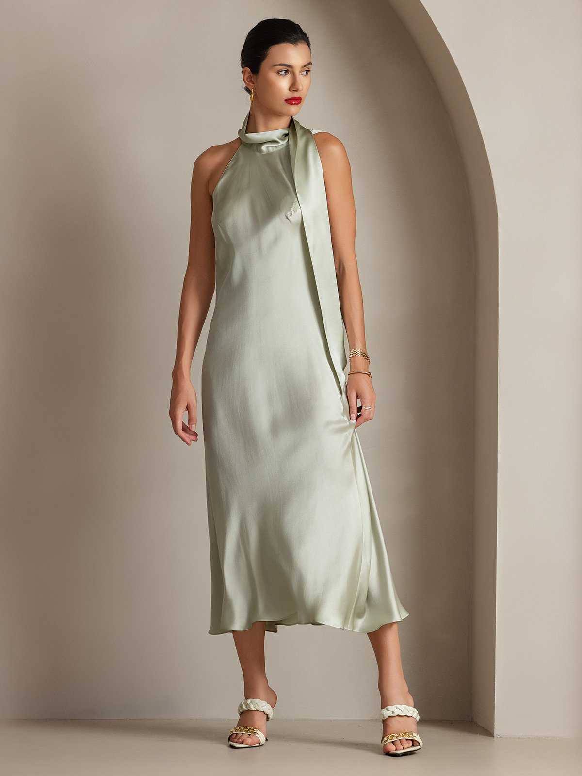 [Light Green] SilkSilky 19Momme Silk Sleeveless Tie Neck Dress 004
