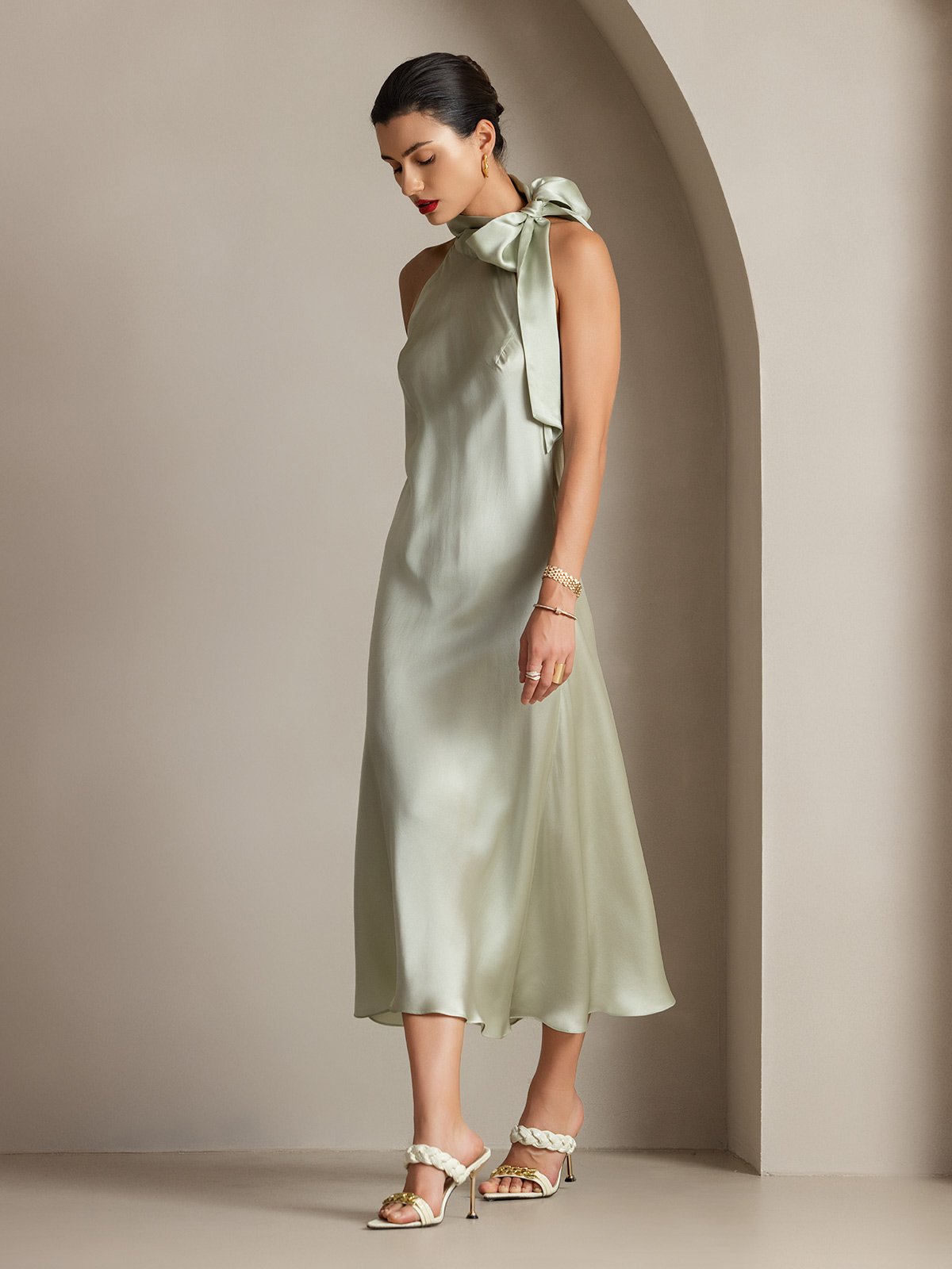 [Light Green] SilkSilky 19Momme Silk Sleeveless Tie Neck Dress 006