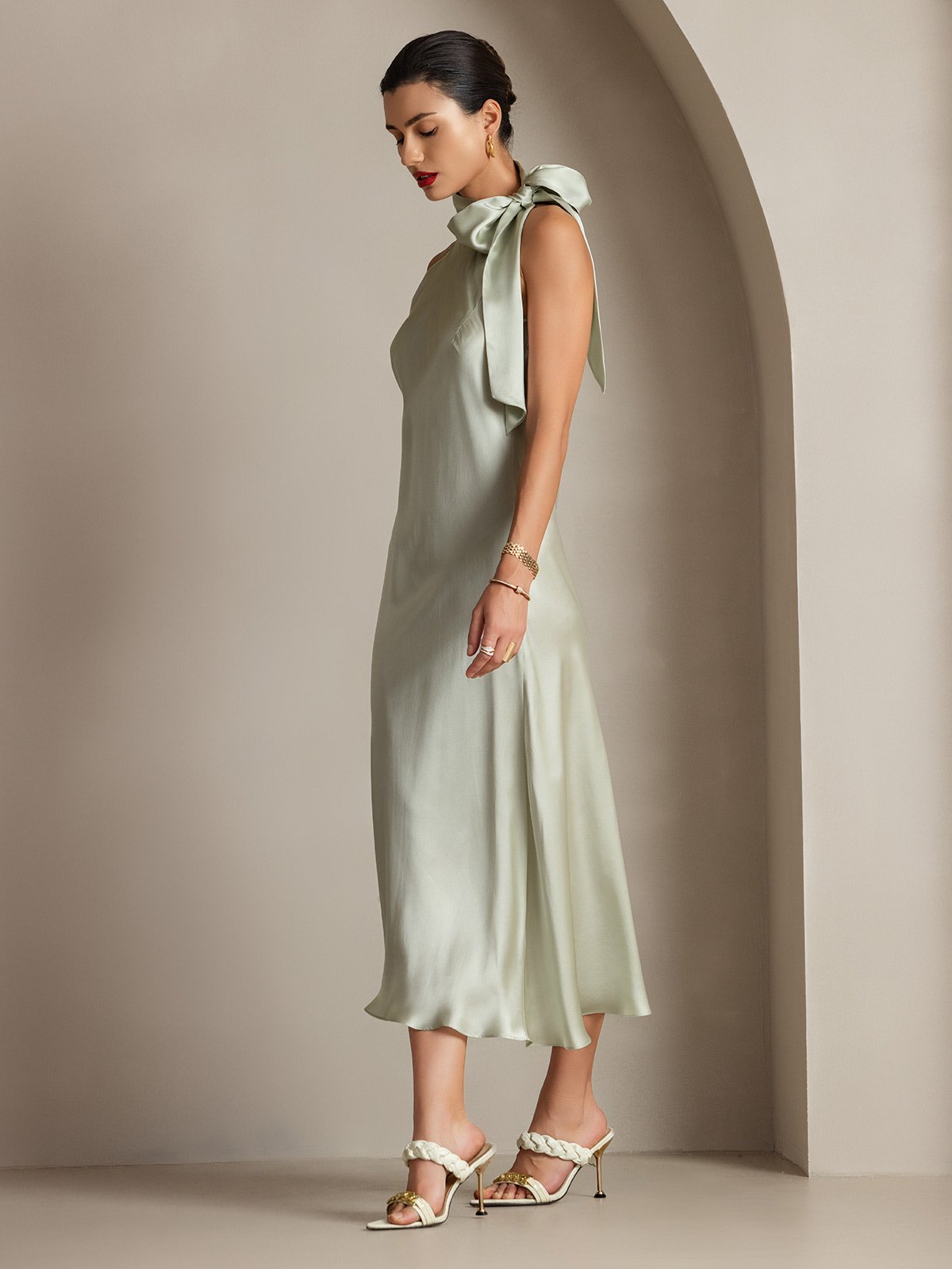 [Light Green] SilkSilky 19Momme Silk Sleeveless Tie Neck Dress 007