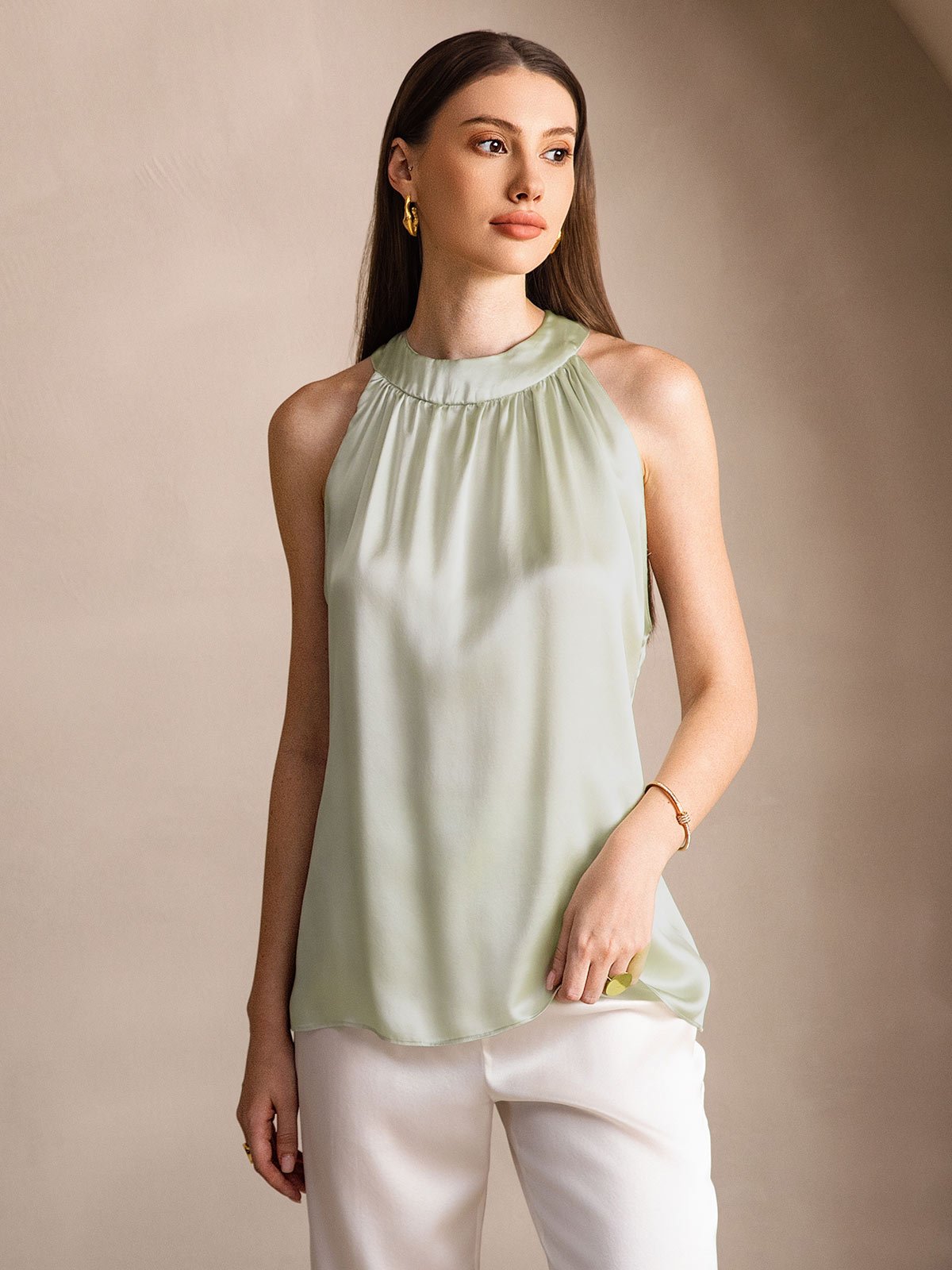 [Light Green] SilkSilky 19Momme Silk Sleeveless Womens T-Shirt 001