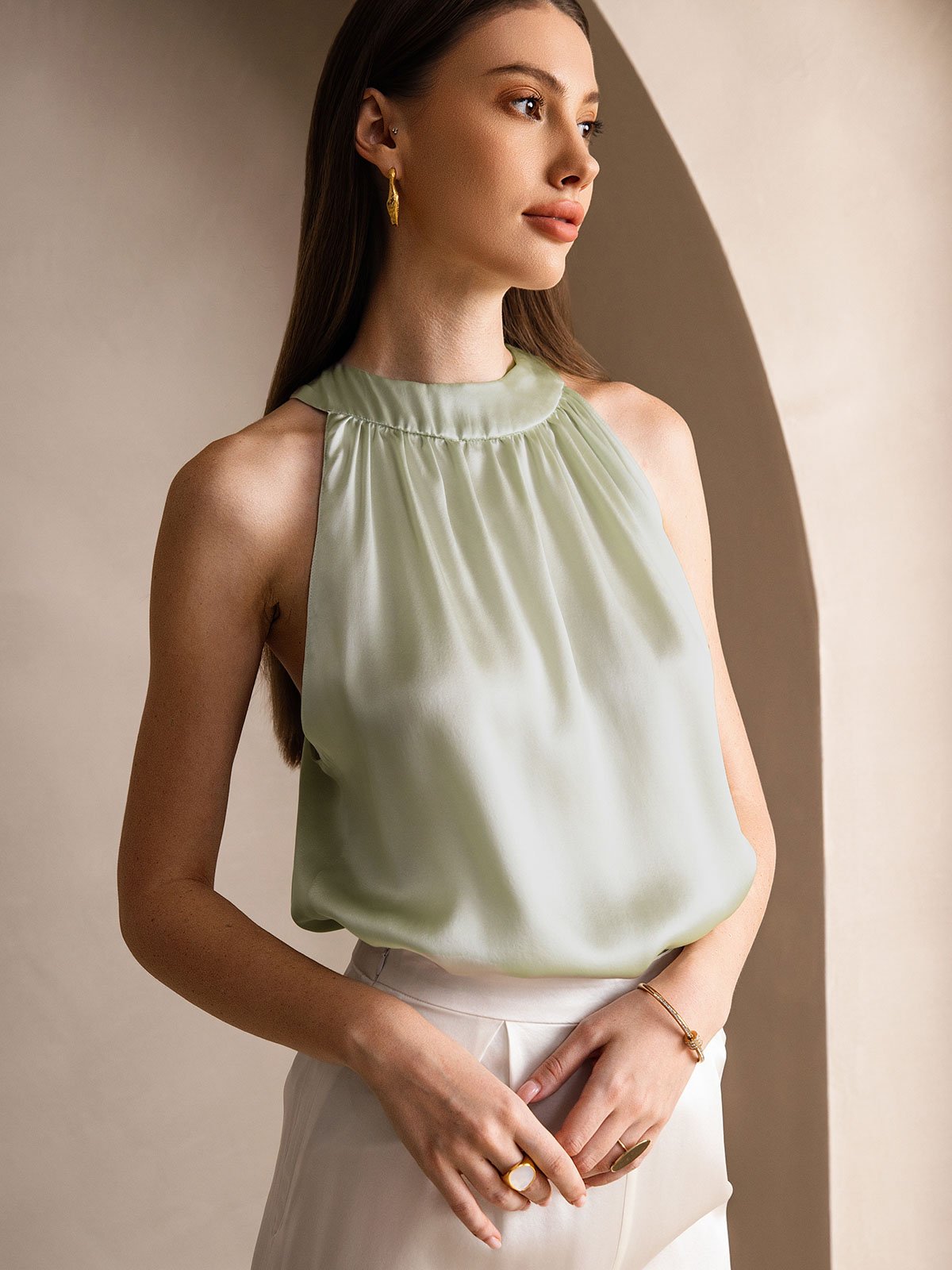 [Light Green] SilkSilky 19Momme Silk Sleeveless Womens T-Shirt 003