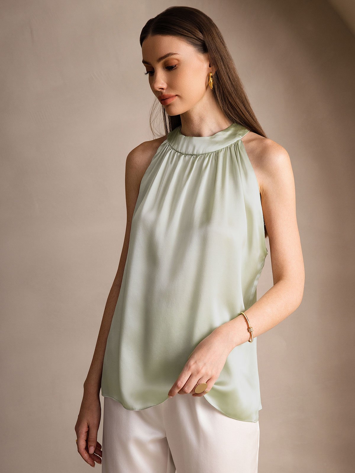 [Light Green] SilkSilky 19Momme Silk Sleeveless Womens T-Shirt 004