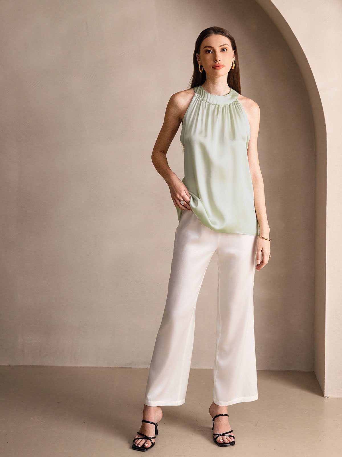 [Light Green] SilkSilky 19Momme Silk Sleeveless Womens T-Shirt 005