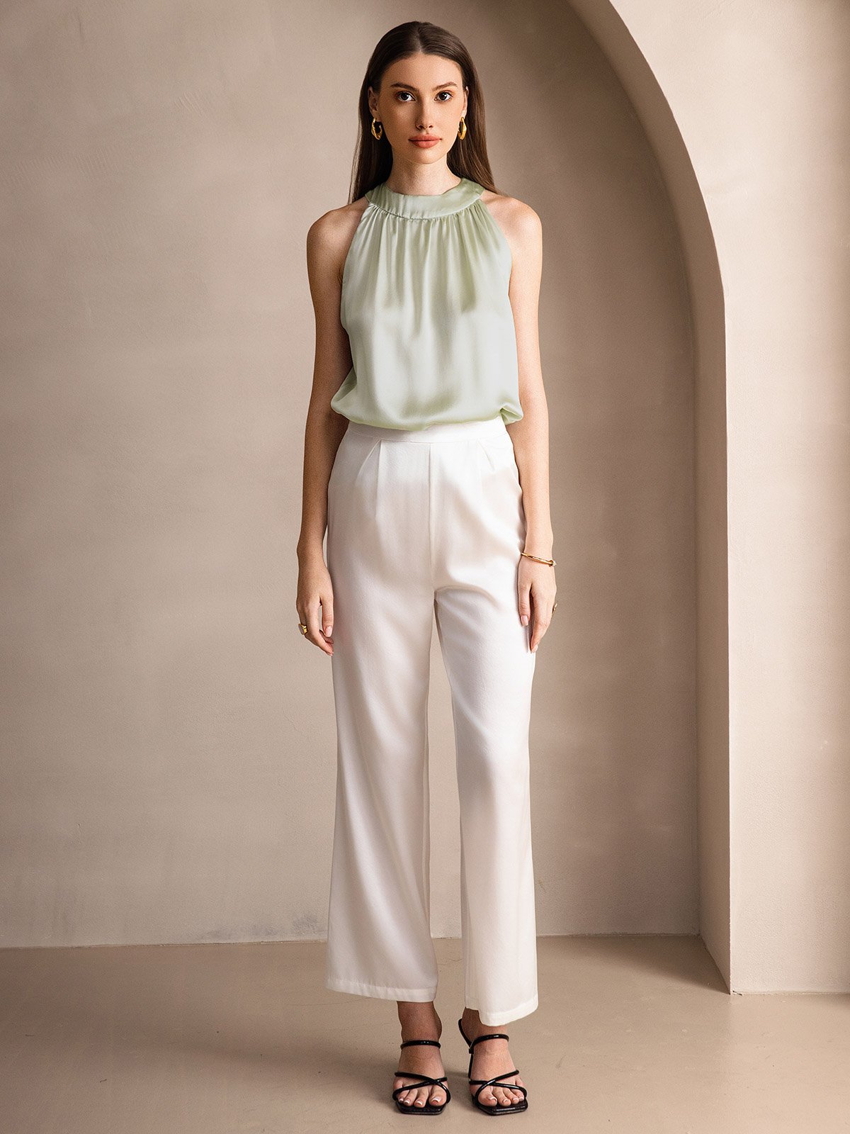 [Light Green] SilkSilky 19Momme Silk Sleeveless Womens T-Shirt 006