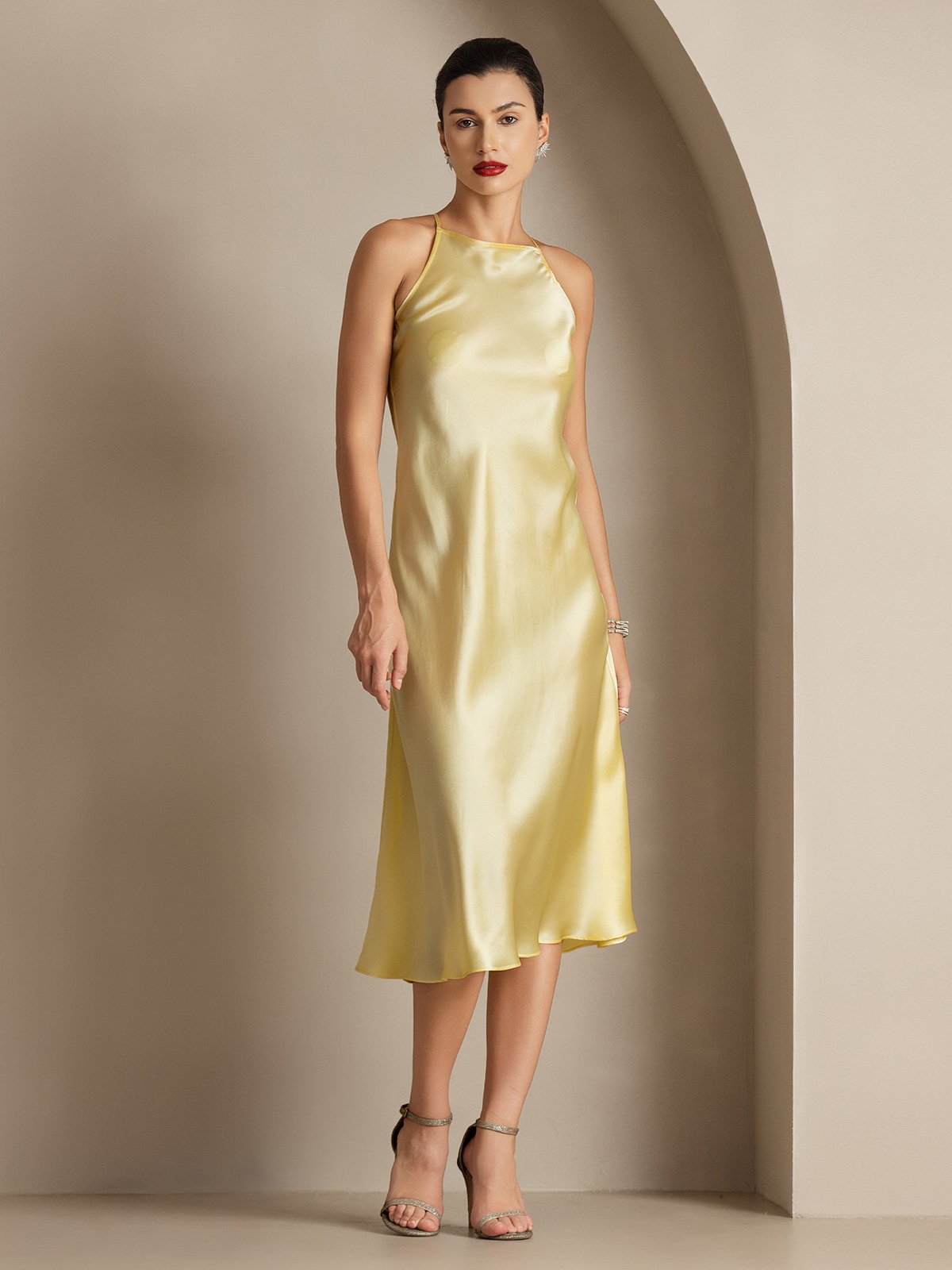 [Light Yellow] SilkSilky 19Momme Silk Sleeveless Dress 001