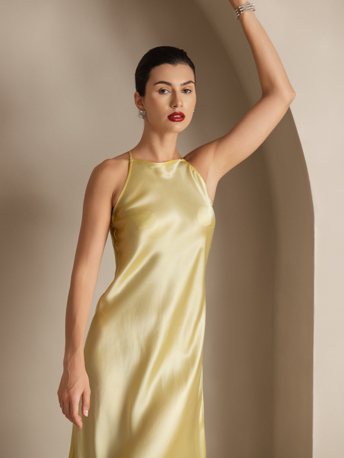 [Light Yellow] SilkSilky 19Momme Silk Sleeveless Dress 003