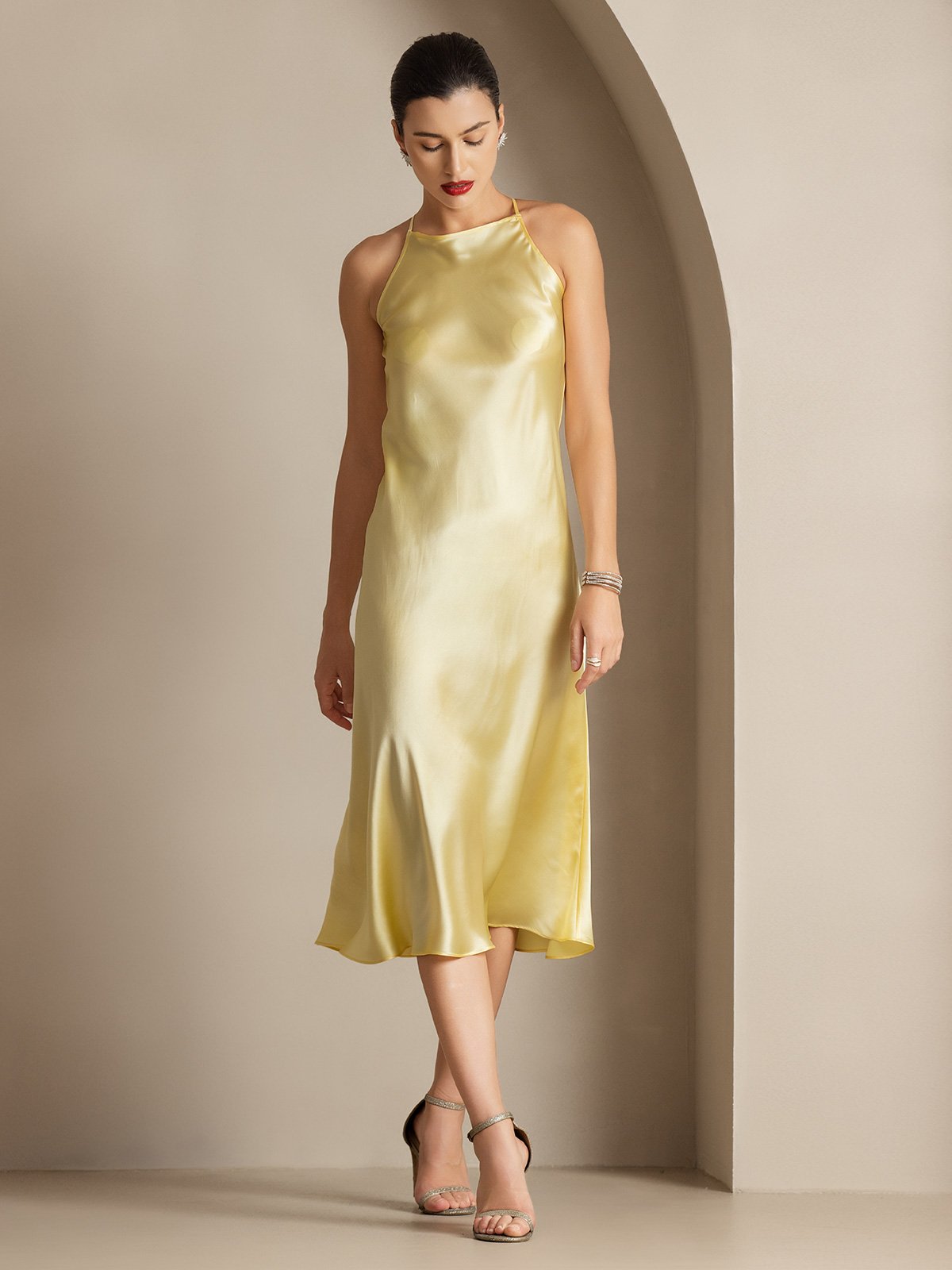 [Light Yellow] SilkSilky 19Momme Silk Sleeveless Dress 005