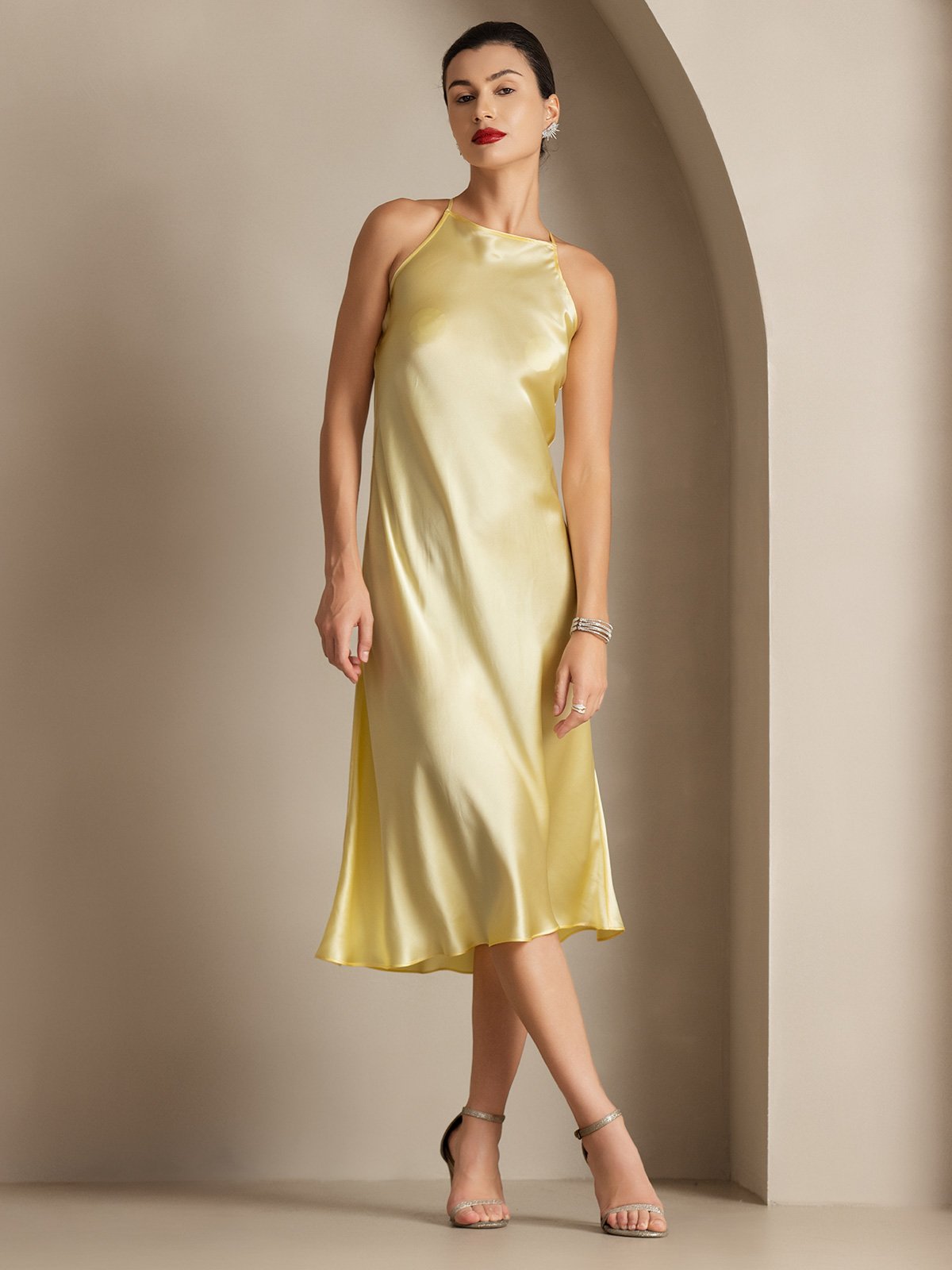 [Light Yellow] SilkSilky 19Momme Silk Sleeveless Dress 006