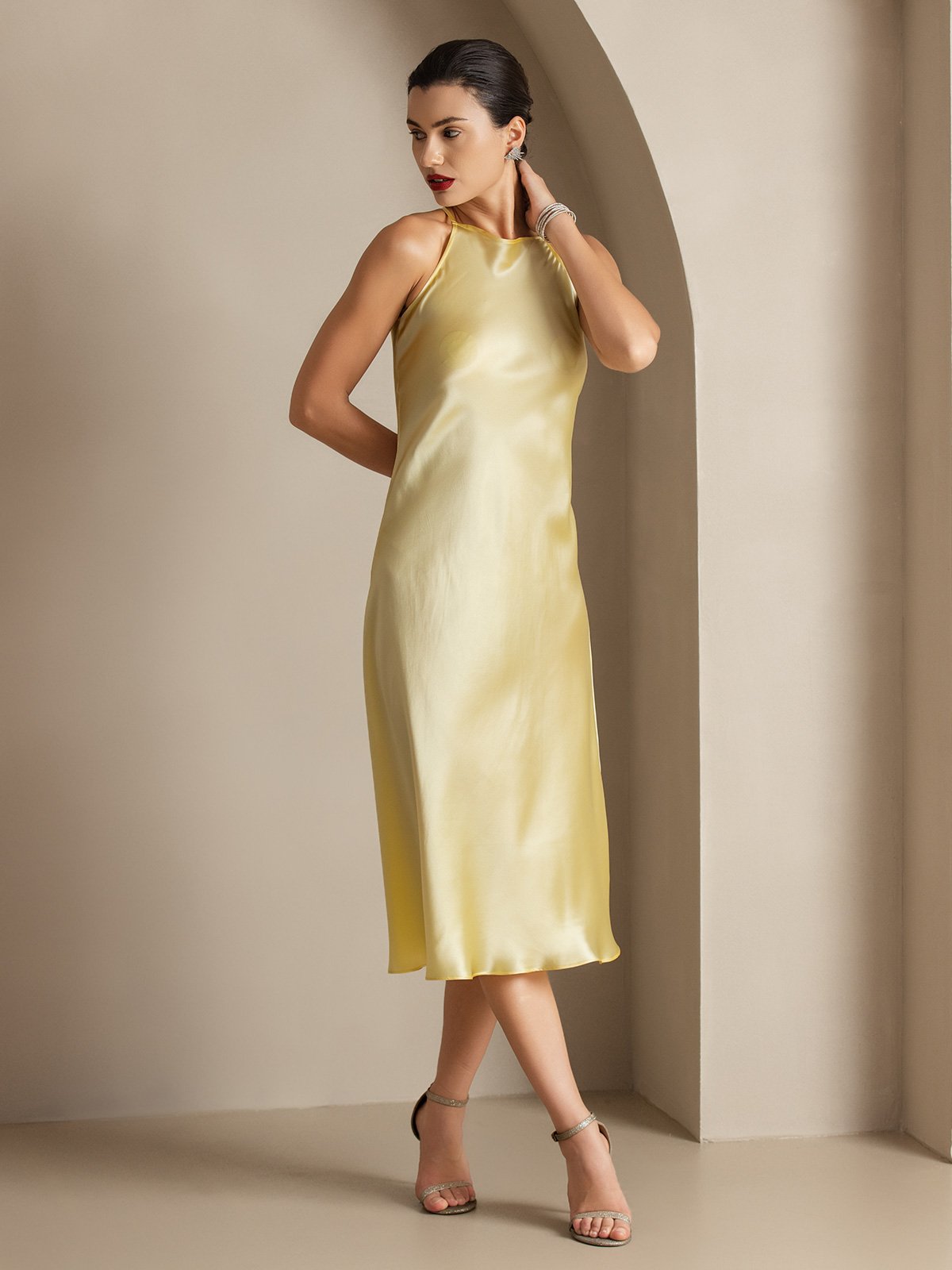[Light Yellow] SilkSilky 19Momme Silk Sleeveless Dress 007