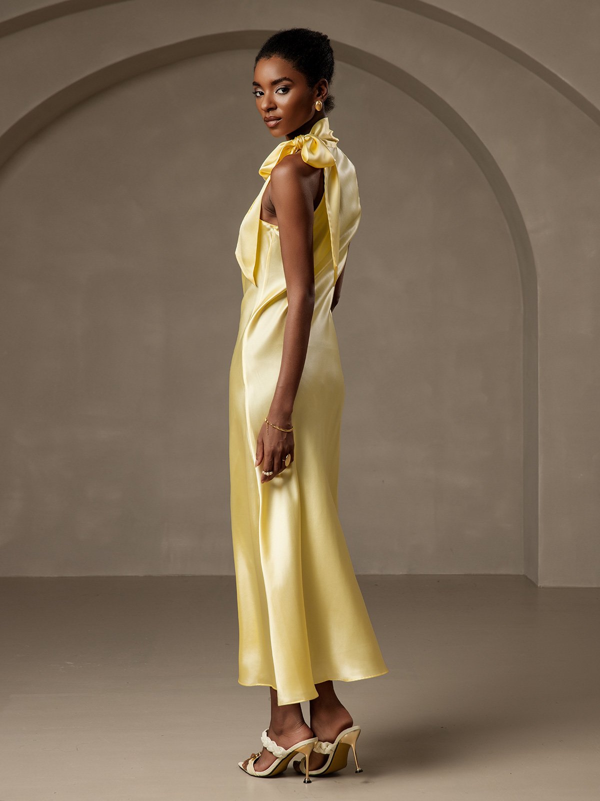 [Light Yellow] SilkSilky 19Momme Silk Sleeveless Tie Neck Dress 002