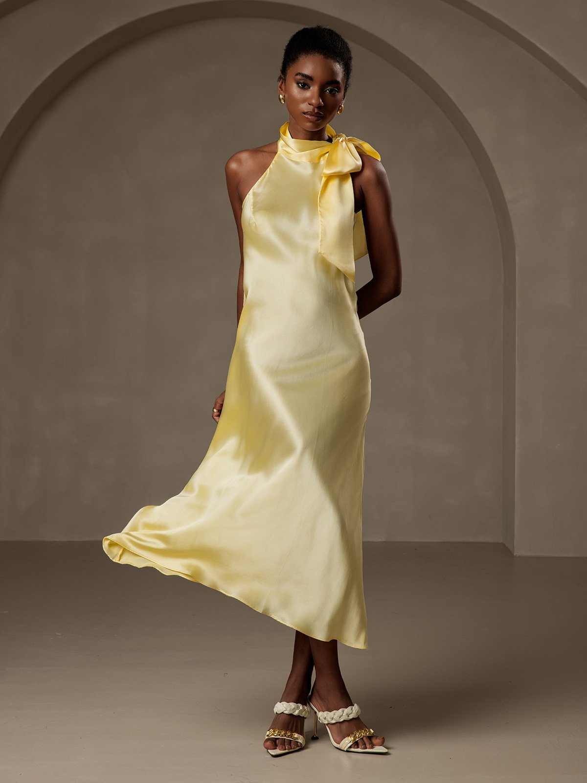 [Light Yellow] SilkSilky 19Momme Silk Sleeveless Tie Neck Dress 005