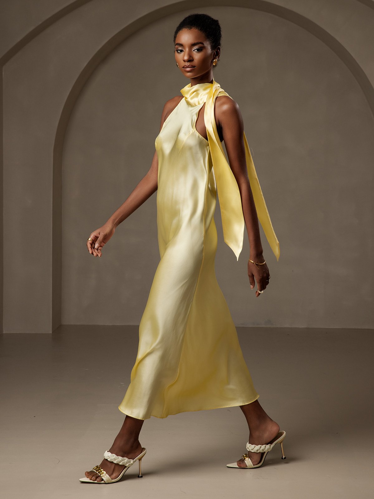 [Light Yellow] SilkSilky 19Momme Silk Sleeveless Tie Neck Dress 006