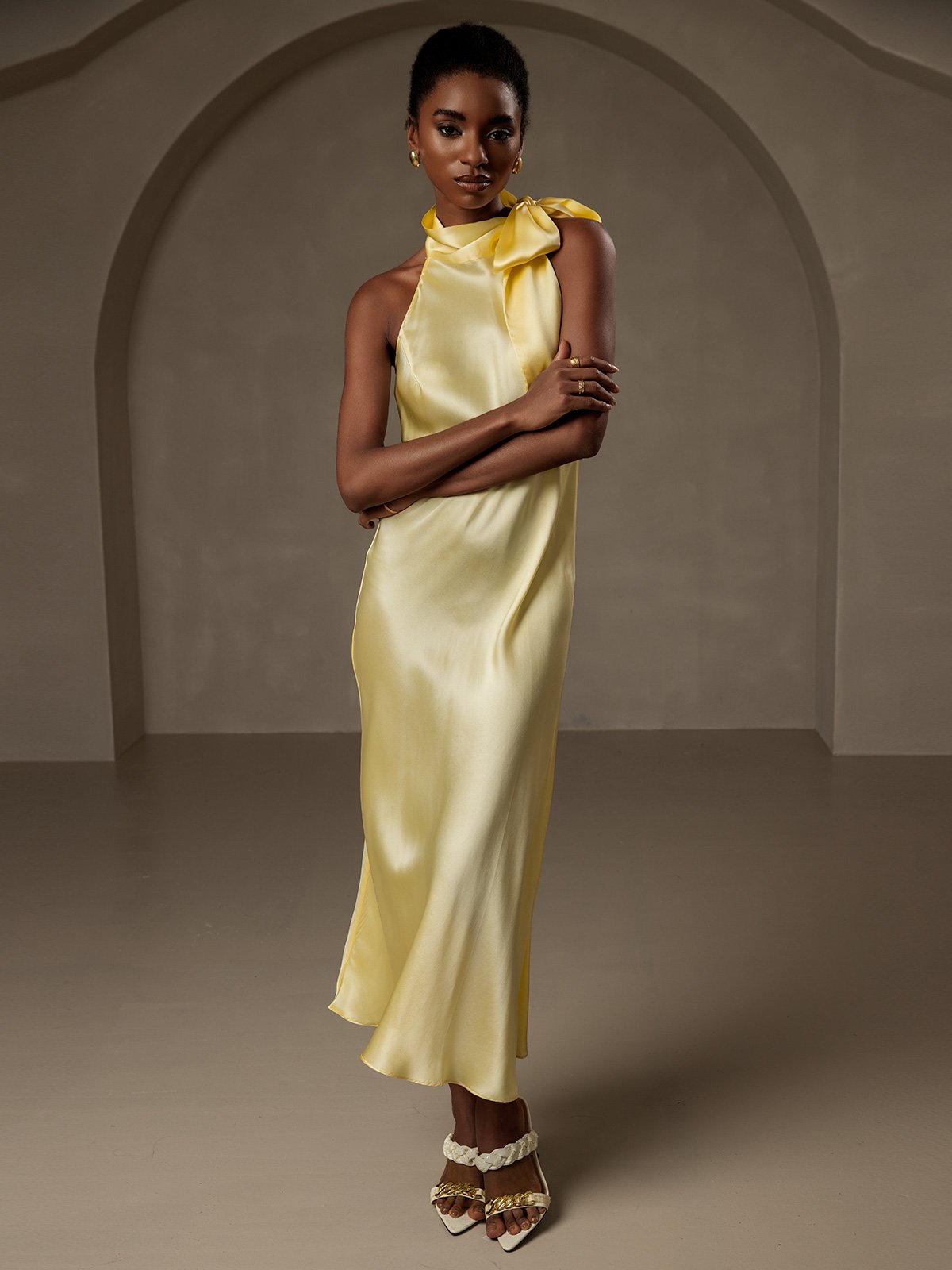 [Light Yellow] SilkSilky 19Momme Silk Sleeveless Tie Neck Dress 007