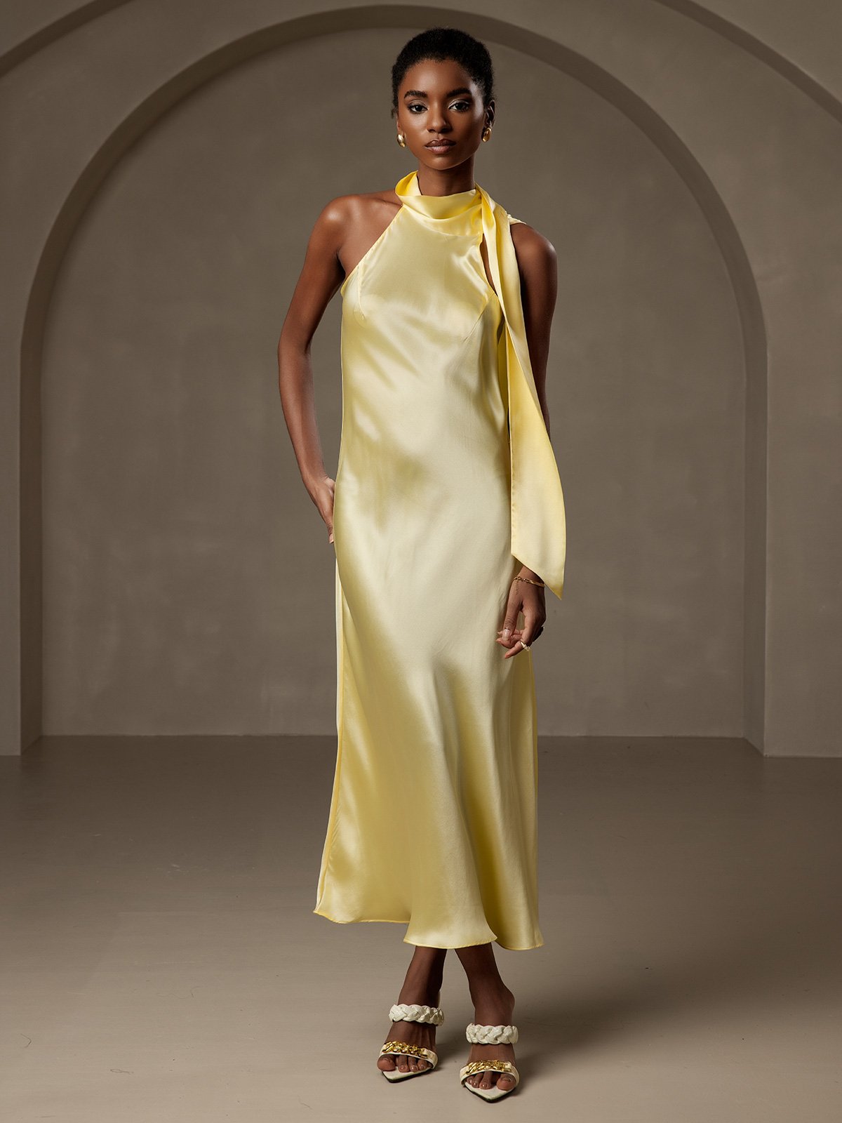 [Light Yellow] SilkSilky 19Momme Silk Sleeveless Tie Neck Dress 008