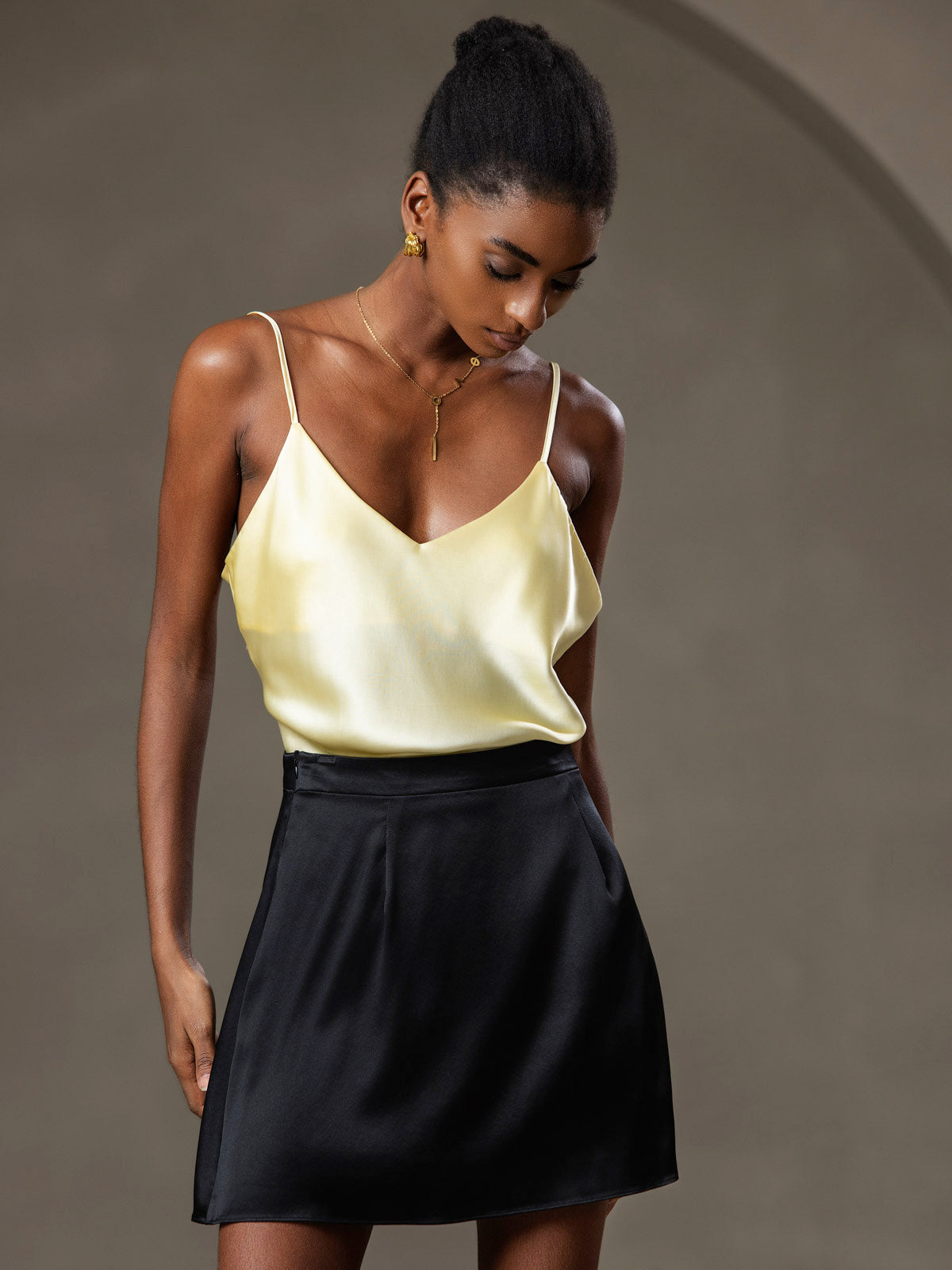 [Light Yellow] SilkSilky  Pure Silk V Neck Camisole Top 006