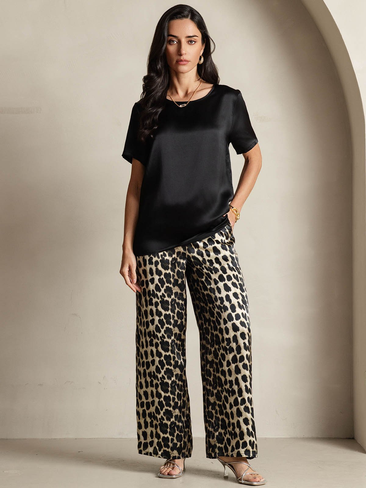 [Multi] SilkSilky Pure Silk Short Sleeve Round Neck Women's Pajamas 001