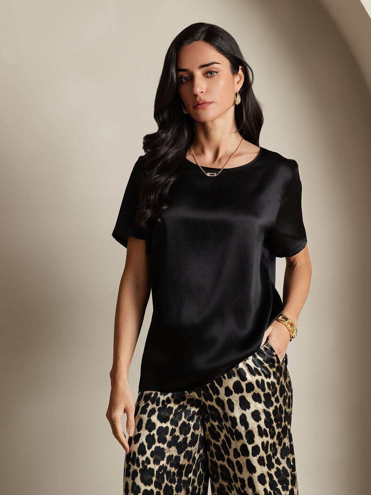 [Multi] SilkSilky Pure Silk Short Sleeve Round Neck Women's Pajamas 005