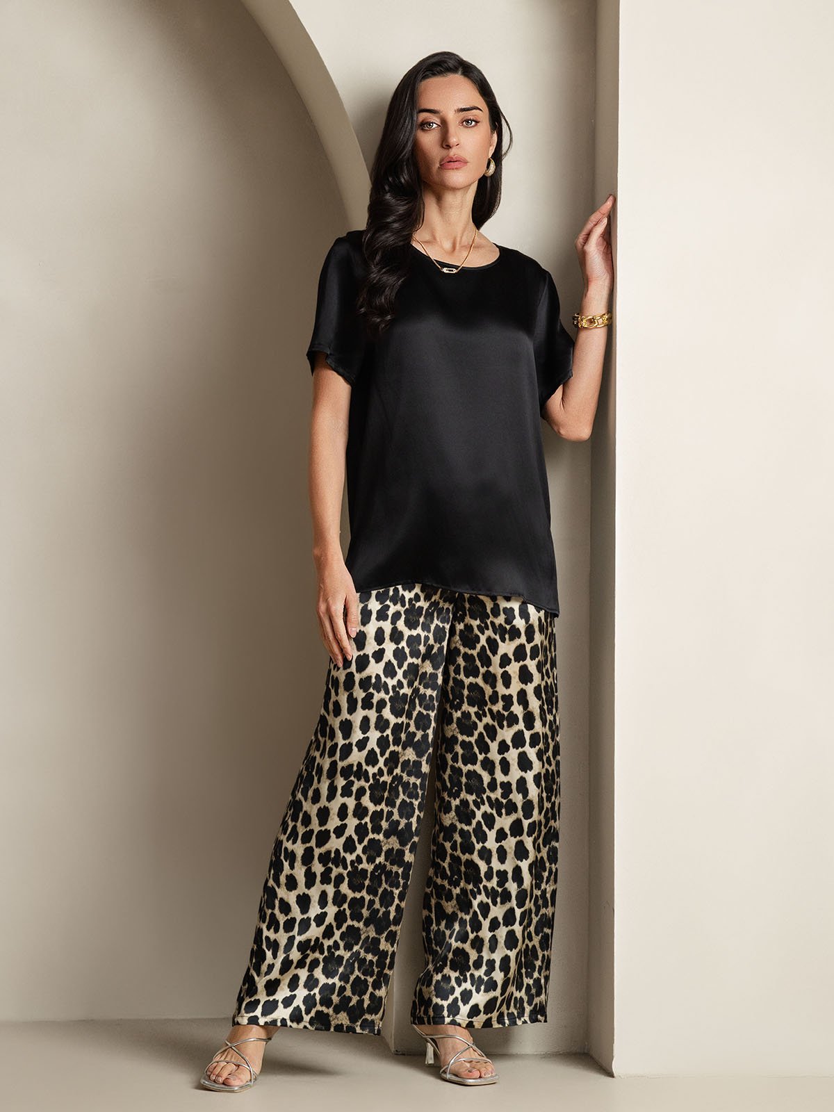 [Multi] SilkSilky Pure Silk Short Sleeve Round Neck Women's Pajamas 006
