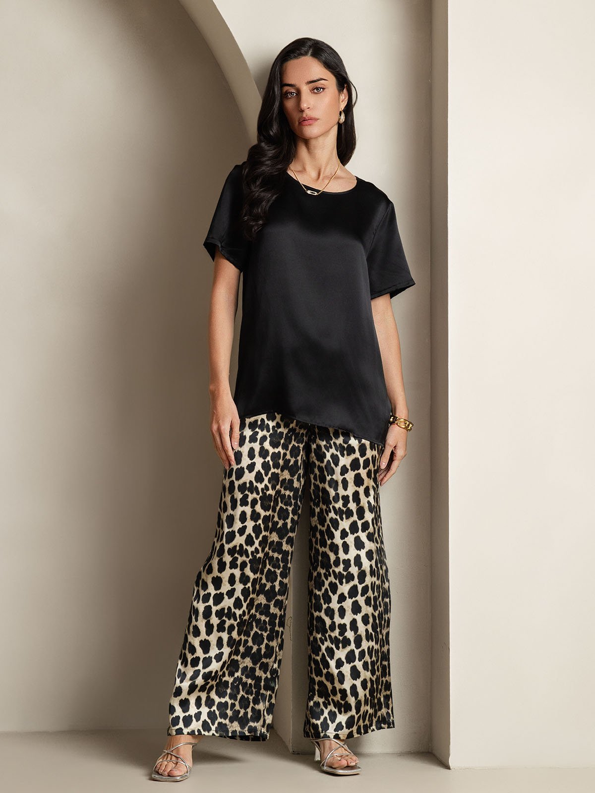[Multi] SilkSilky Pure Silk Short Sleeve Round Neck Women's Pajamas 007