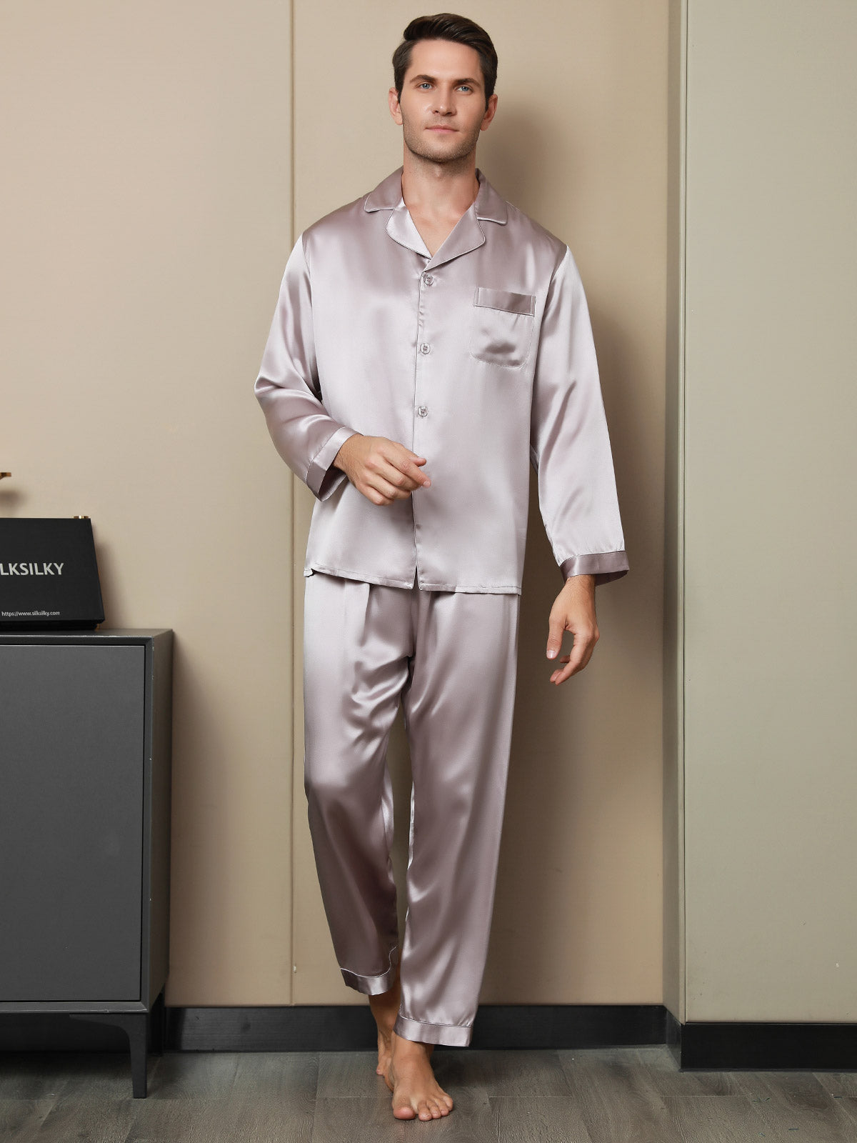 [Pale Mauve] SilkSilky 19Momme Pure Silk Long Sleeve Lapel Men's Pajamas 003