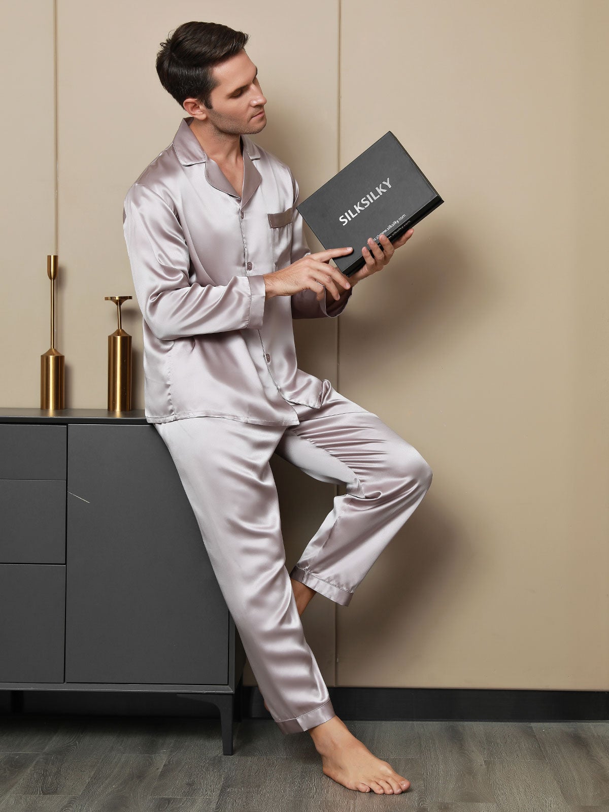 [Pale Mauve] SilkSilky 19Momme Pure Silk Long Sleeve Lapel Men's Pajamas 003