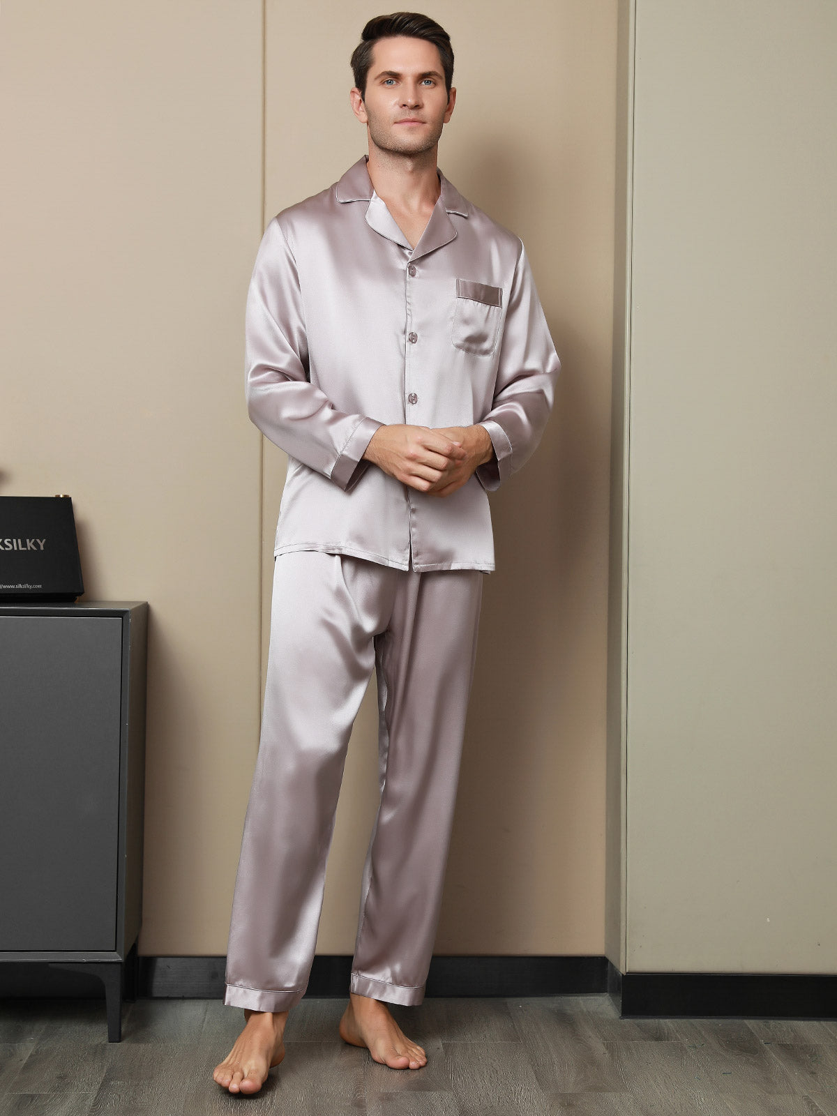 [Pale Mauve] SilkSilky 19Momme Pure Silk Long Sleeve Lapel Men's Pajamas 004