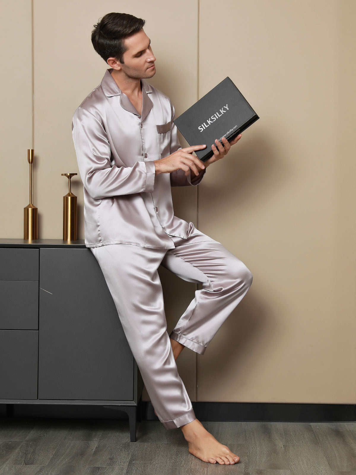[Pale Mauve] SilkSilky 19Momme Pure Silk Long Sleeve Lapel Men's Pajamas 005