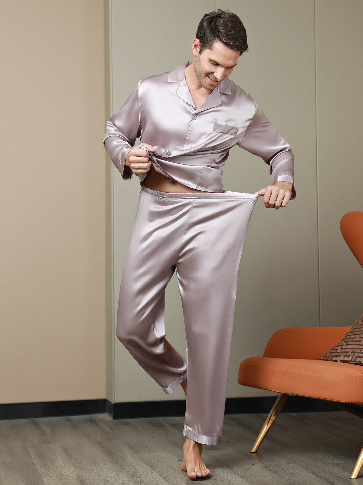 [Pale Mauve] SilkSilky 19Momme Pure Silk Long Sleeve Lapel Men's Pajamas 007