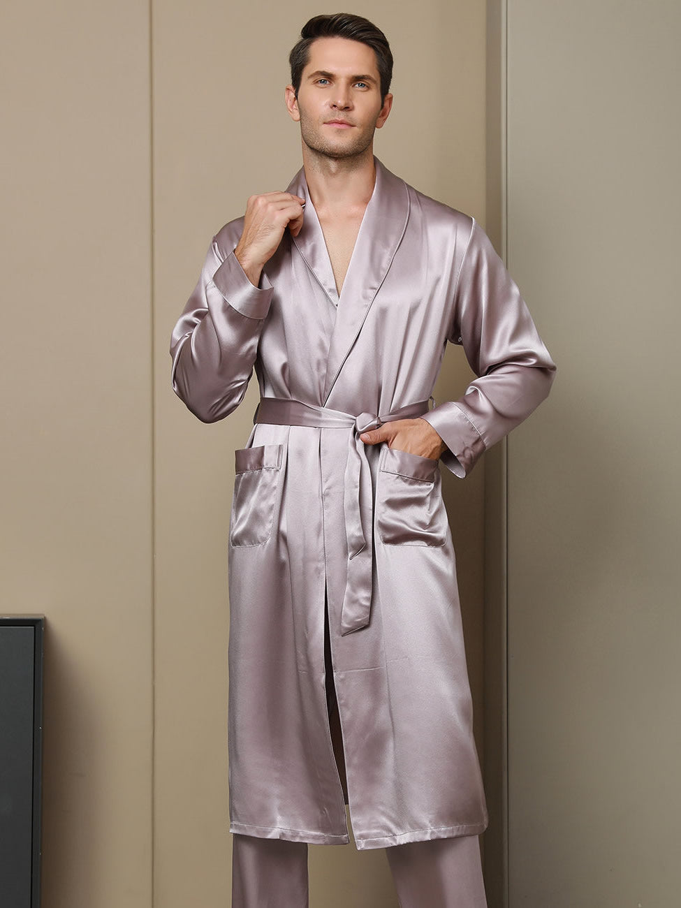 [Pale Mauve] SilkSilky 19Momme Pure Silk Long Sleeve Lapel Men's Robe 001