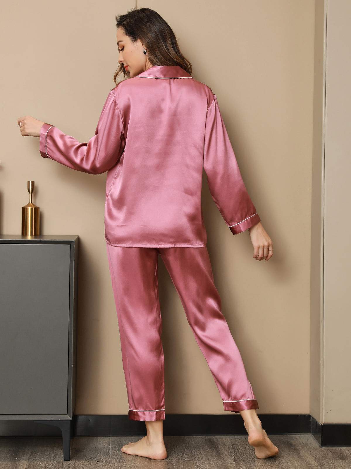 [Pale Mauve] SilkSilky Pure Silk Long Sleeve Lapel Women's Pajamas 002