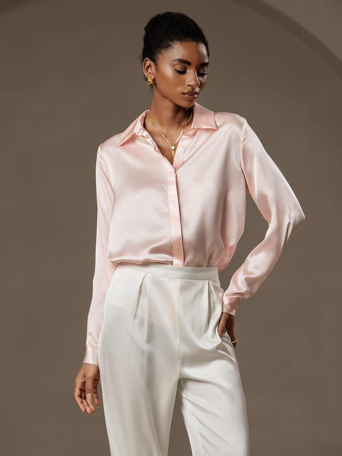 [Pink] SilkSilky  19Momme Silk Lapel Collar Women's Shirt 001