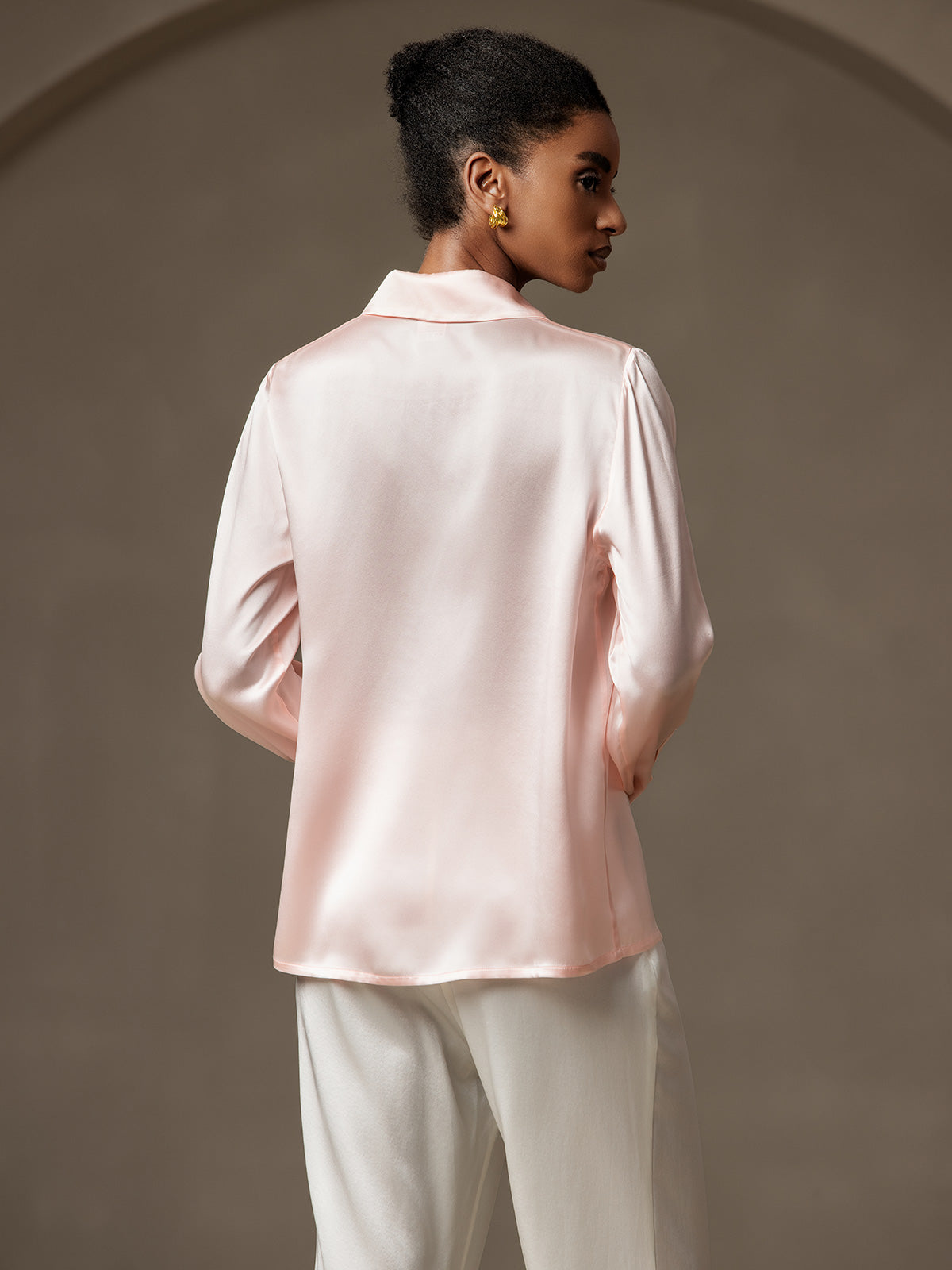 [Pink] SilkSilky  19Momme Silk Lapel Collar Women's Shirt 002