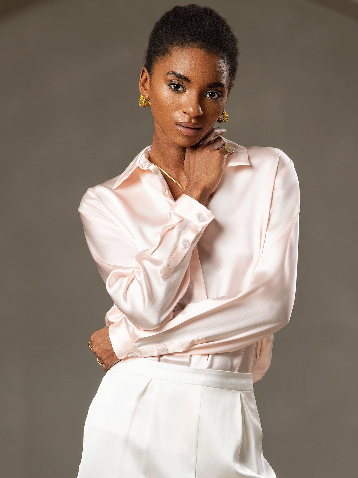 [Pink] SilkSilky  19Momme Silk Lapel Collar Women's Shirt 003