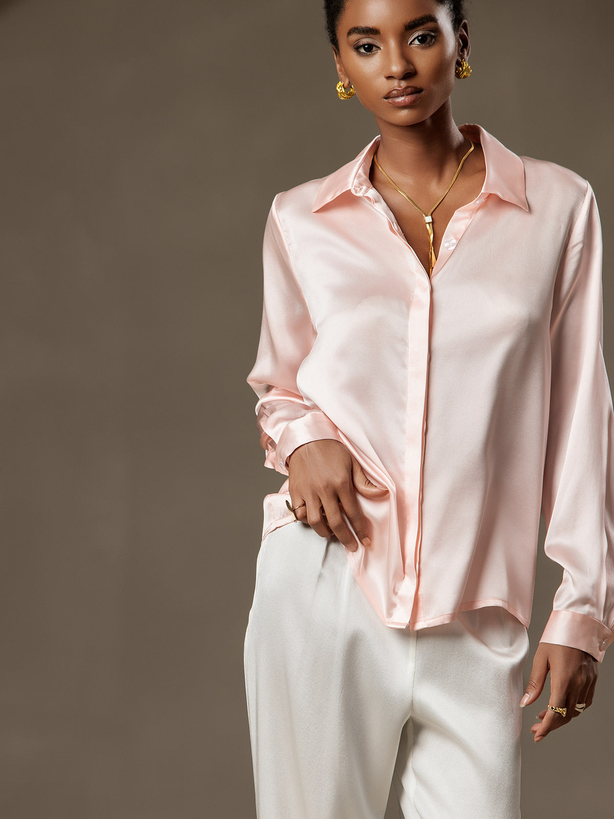 [Pink] SilkSilky  19Momme Silk Lapel Collar Women's Shirt 003