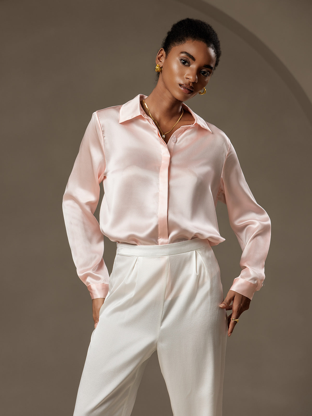 [Pink] SilkSilky  19Momme Silk Lapel Collar Women's Shirt 004