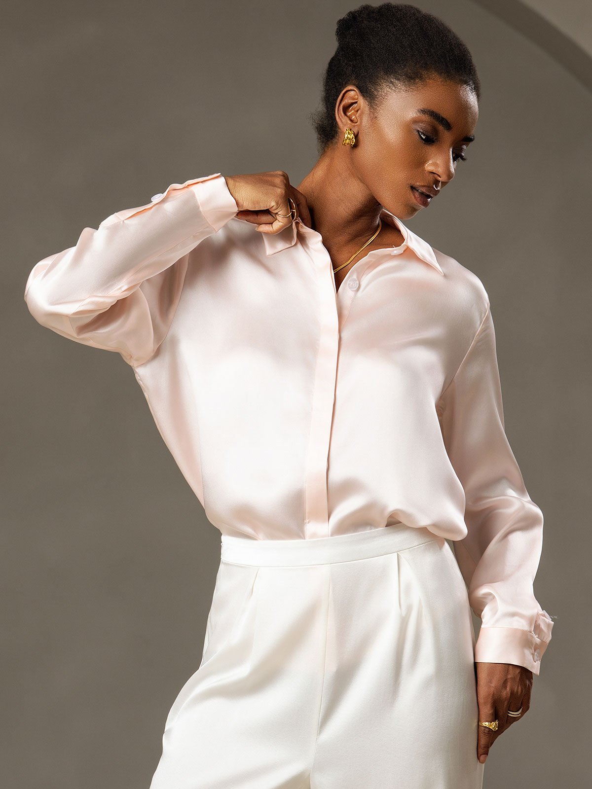 [Pink] SilkSilky  19Momme Silk Lapel Collar Women's Shirt 005