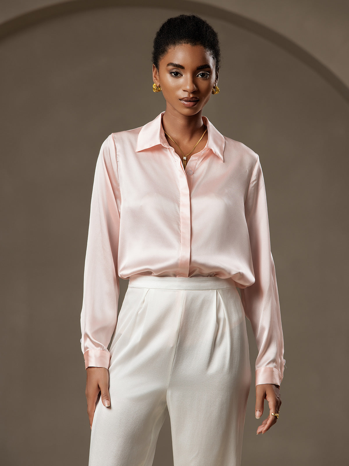 [Pink] SilkSilky  19Momme Silk Lapel Collar Women's Shirt 005
