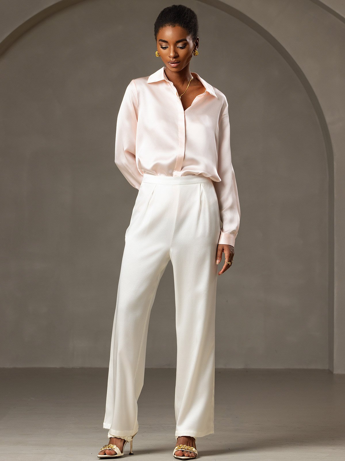[Pink] SilkSilky  19Momme Silk Lapel Collar Women's Shirt 006