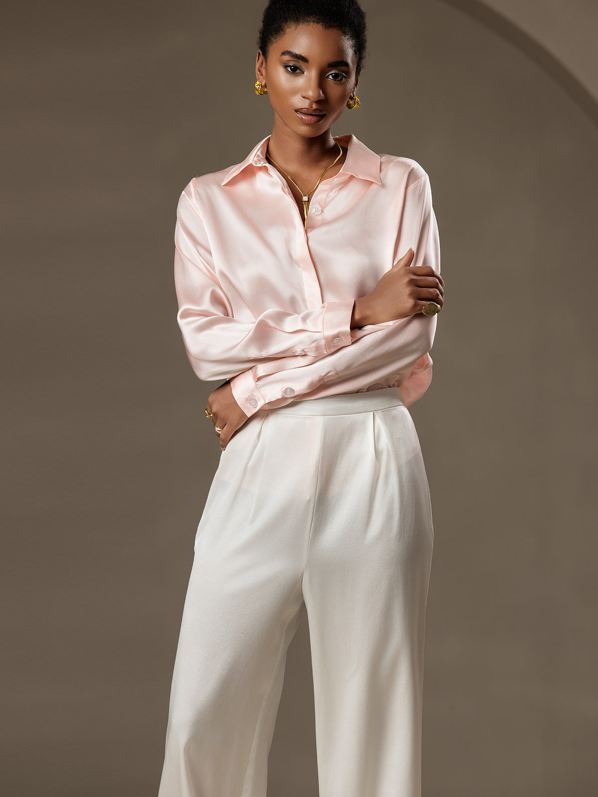 [Pink] SilkSilky  19Momme Silk Lapel Collar Women's Shirt 006