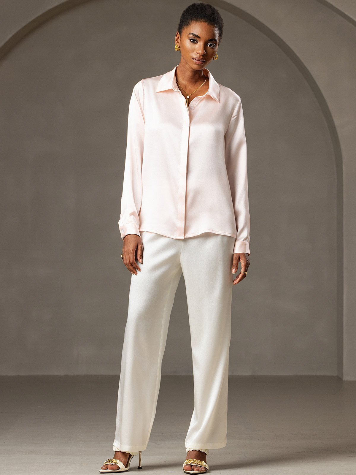 [Pink] SilkSilky  19Momme Silk Lapel Collar Women's Shirt 007