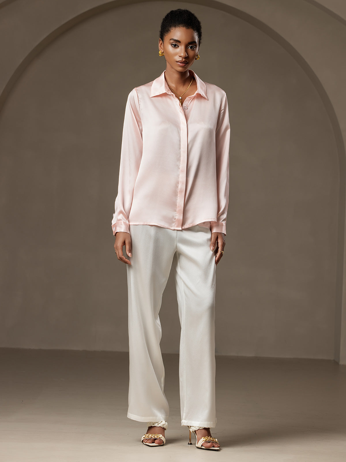 [Pink] SilkSilky  19Momme Silk Lapel Collar Women's Shirt 007