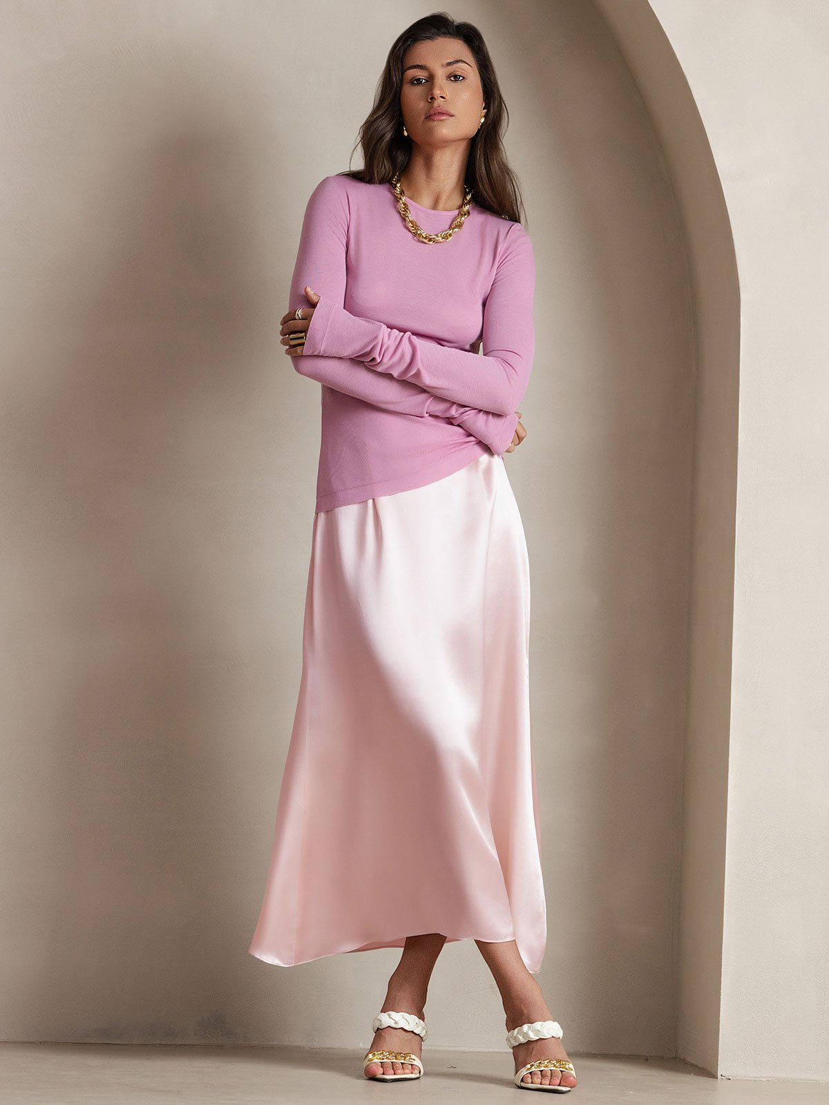 [Pink] SilkSilky 19Momme Silk Skirt 001