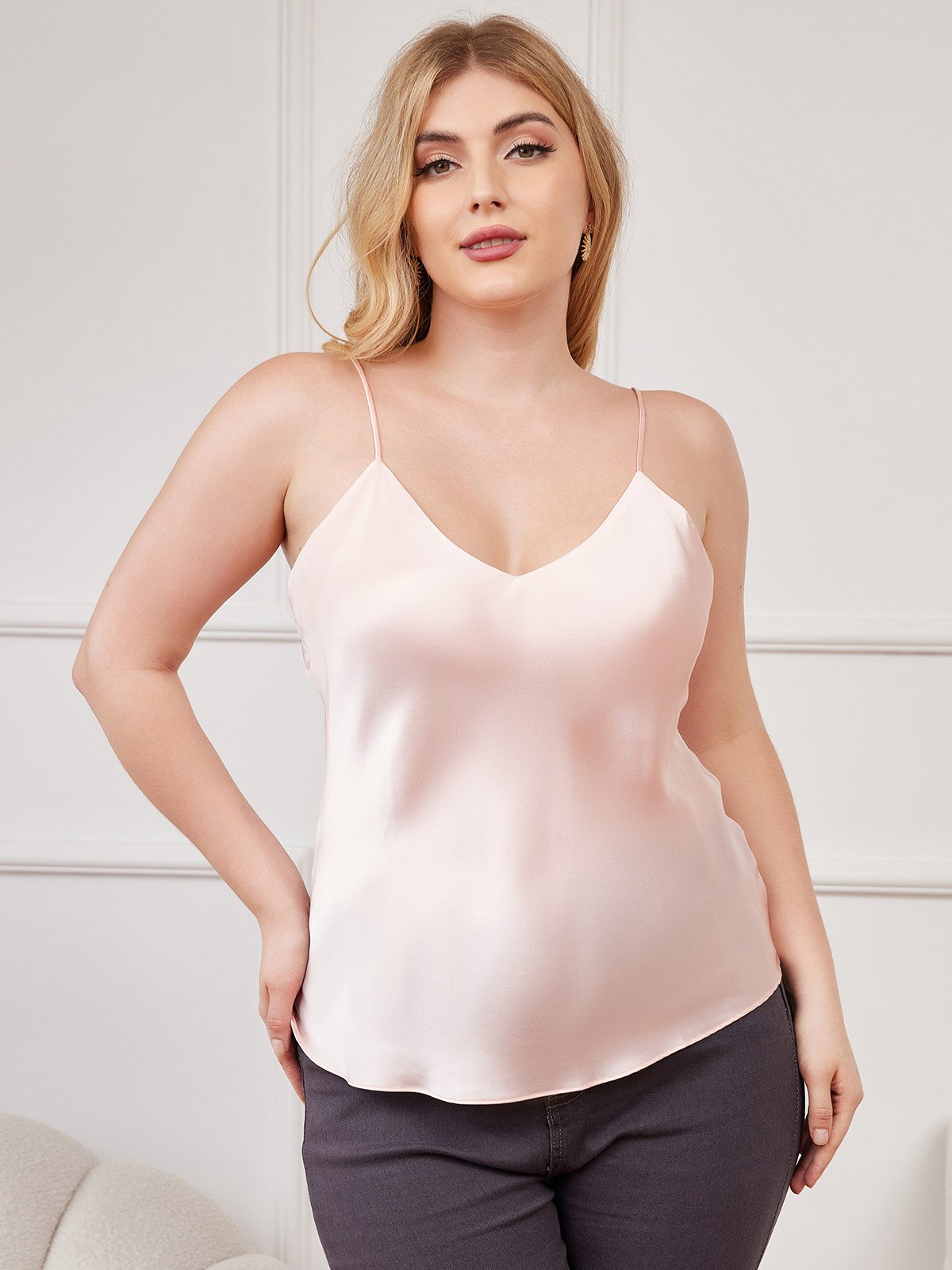 [Pink] SilkSilky Pure Silk Deep V Neck Plus Size Camisole Top 003
