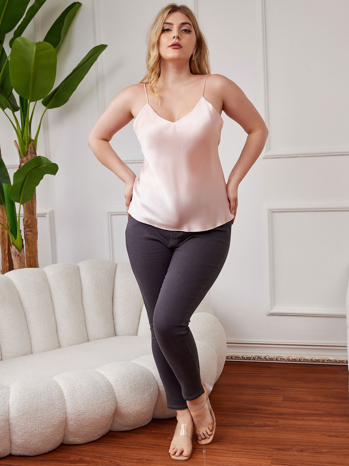 [Pink] SilkSilky Pure Silk Deep V Neck Plus Size Camisole Top 004