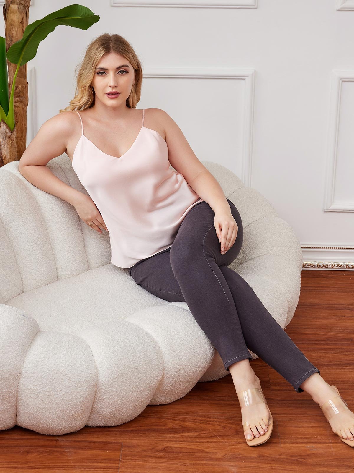 [Pink] SilkSilky Pure Silk Deep V Neck Plus Size Camisole Top 005