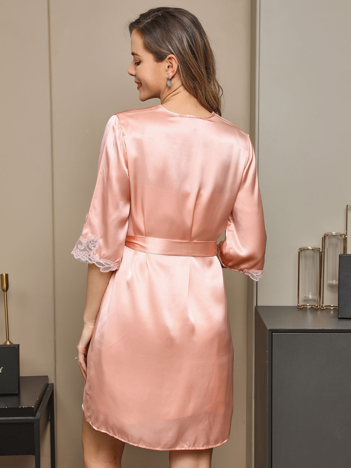 [Pink] SilkSilky Pure Silk Half Sleeve Nightgown&Robe Set 002