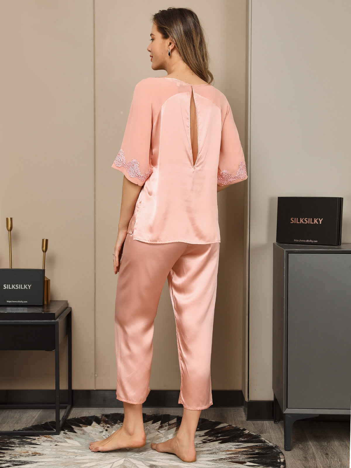 [Pink] SilkSilky  Half Sleeve Round Neck Women's Pajamas 002